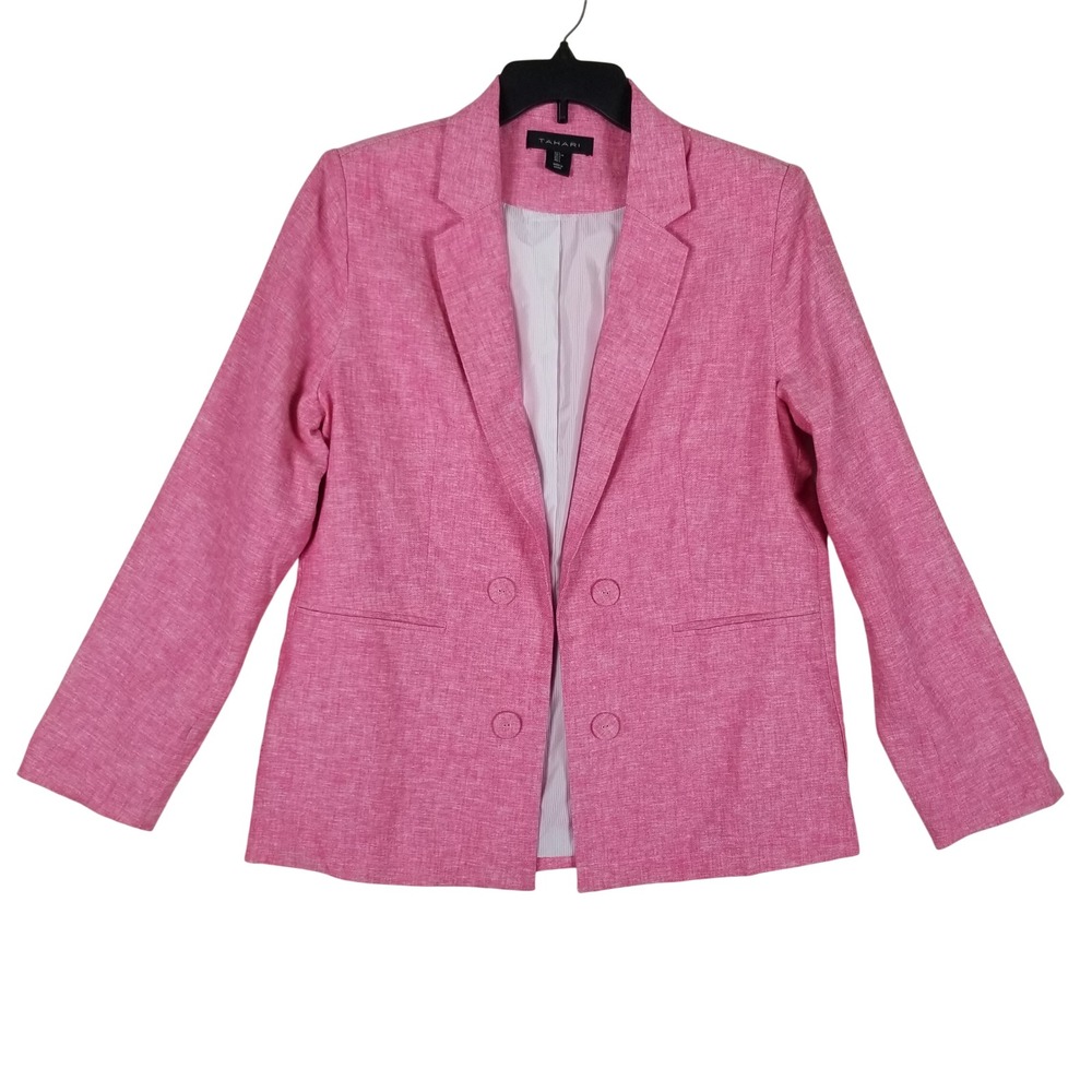 Tahari Blazer Women Large Pink Linen Blend Double Breasted Lined Career Jacket